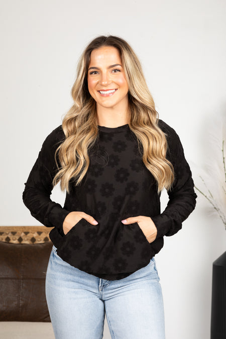 Brushed Floral Textured Long Sleeve Knit Top