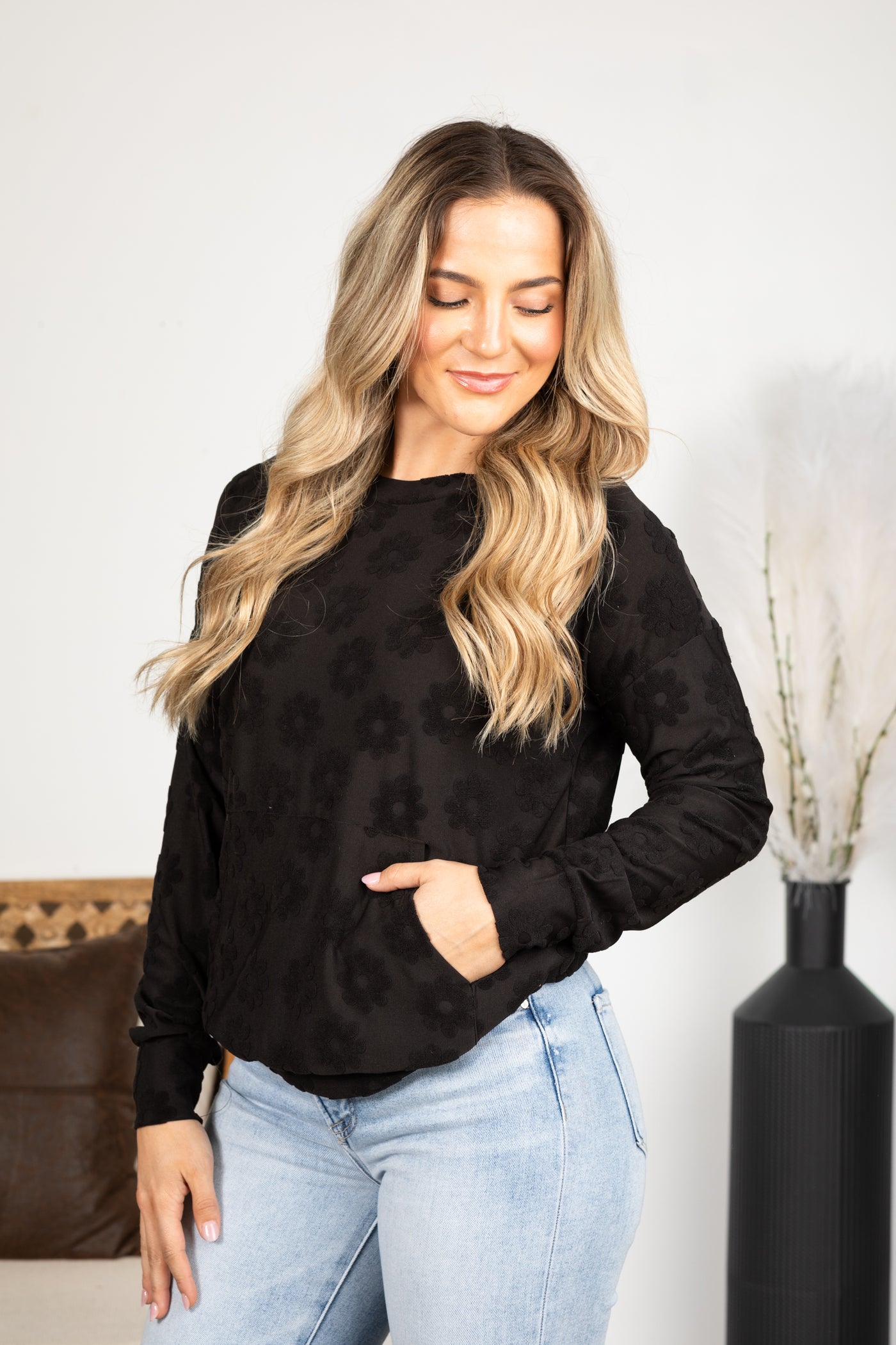 Brushed Floral Textured Long Sleeve Knit Top