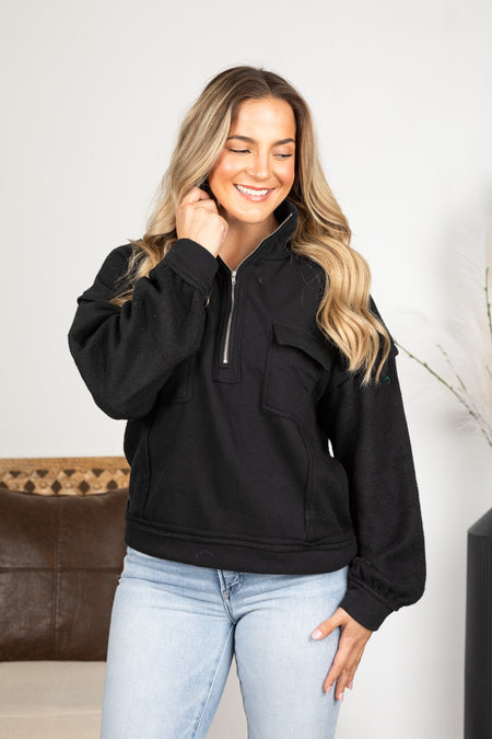 Black Mock Neck Quarter Zip Sweatshirt