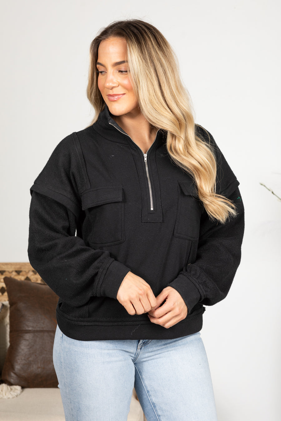 Black Mock Neck Quarter Zip Sweatshirt