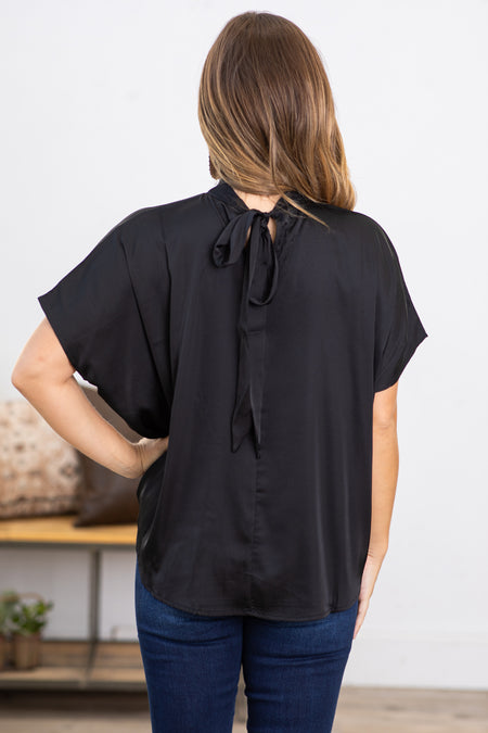 Black Satin Top With Tie Back Detail