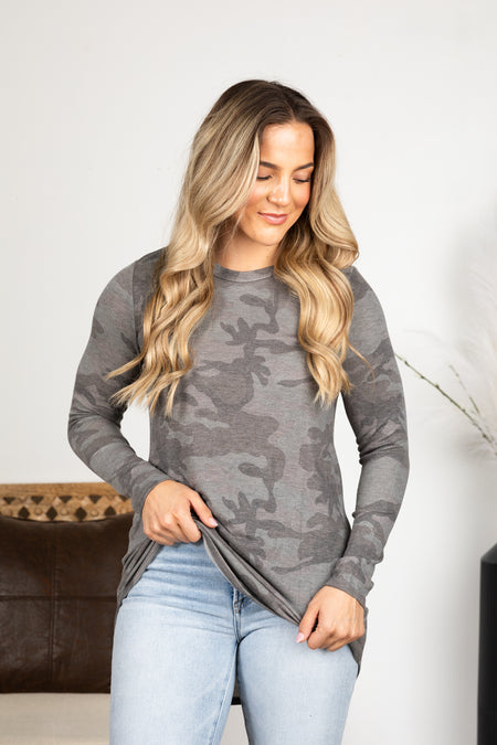 Camo Print Long Sleeve Knit Top