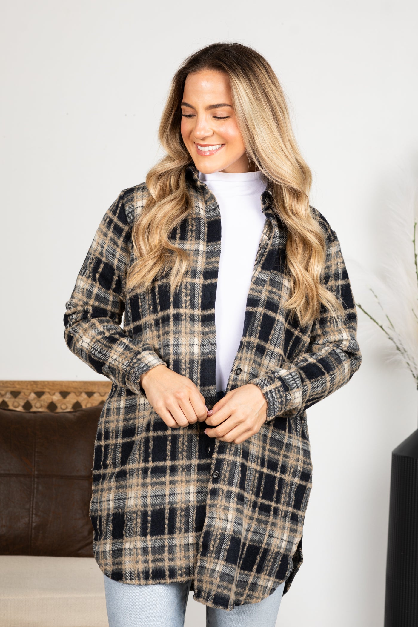 Plaid Button Down Long Flannel Shacket