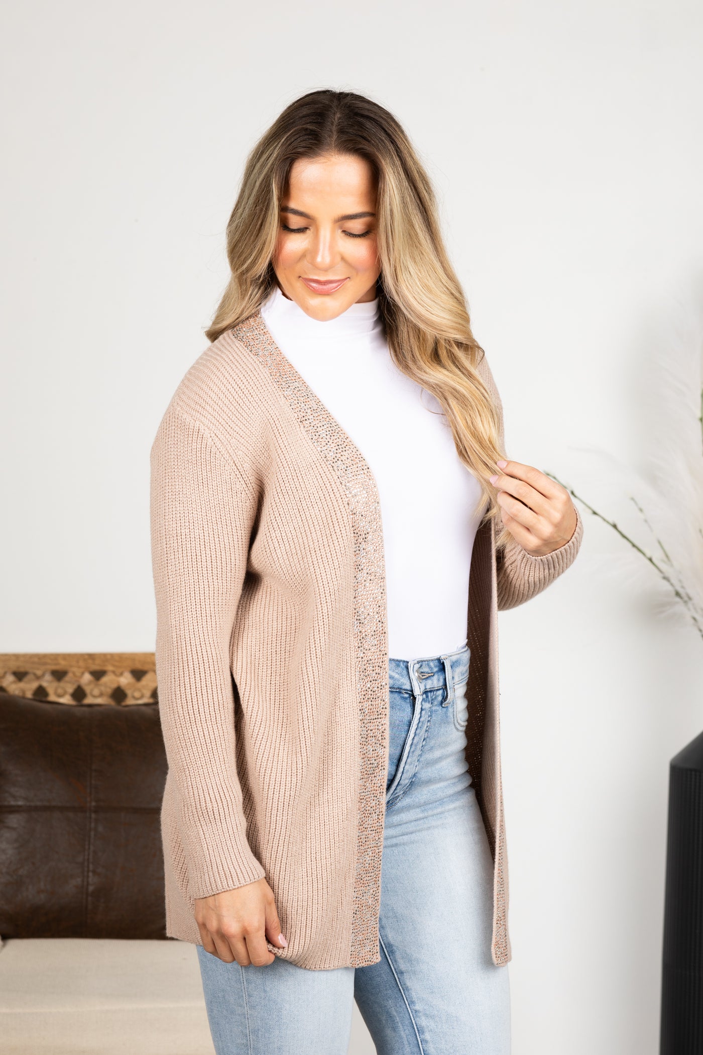 Tan Cardigan With Stone Trim