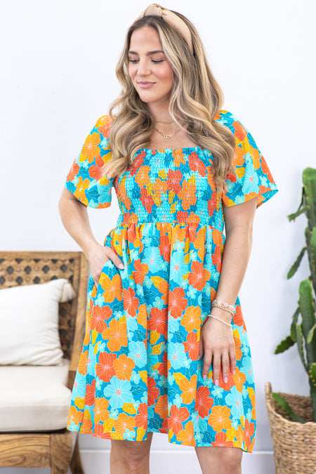 Turquoise and Orange Floral Smocked Dress