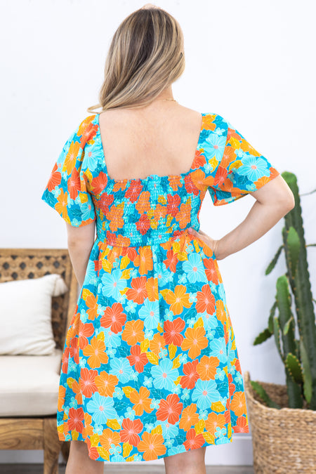 Turquoise and Orange Floral Smocked Dress