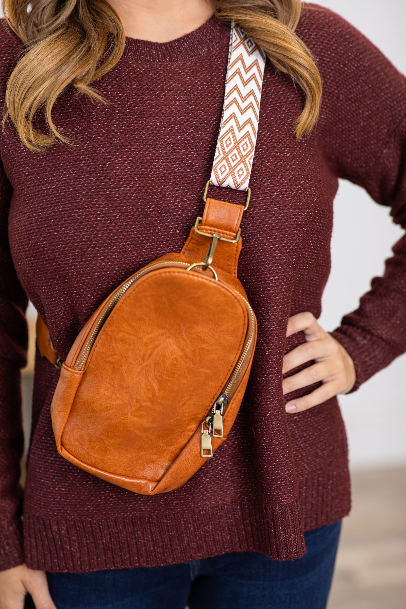 Camel Sling Bag With Aztec Printed Strap · Filly Flair