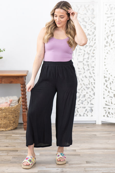 Black Woven Crinkle Wide Leg Pants