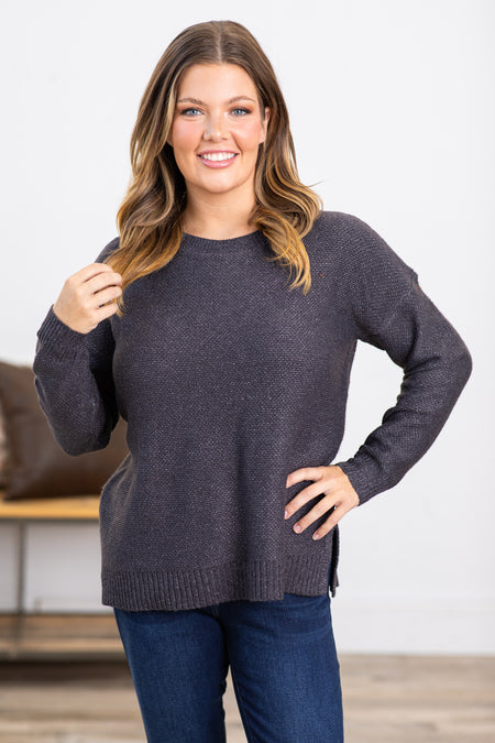 Dark Grey Ribbed Trim Round Neck Sweater