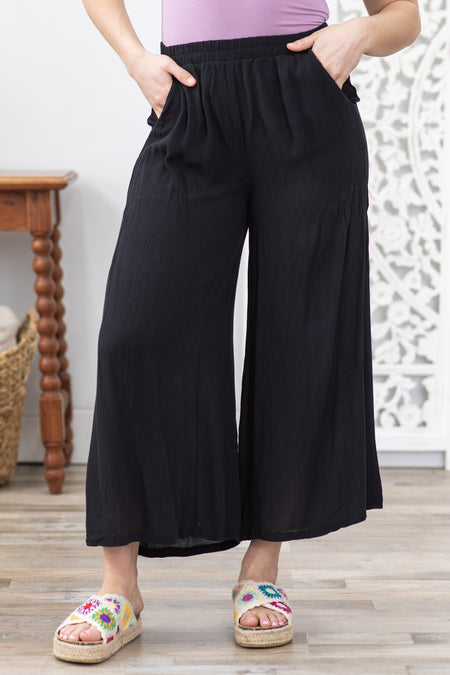 Black Woven Crinkle Wide Leg Pants