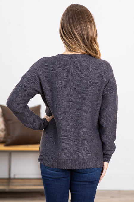 Dark Grey Ribbed Trim Round Neck Sweater