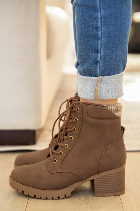 Light Brown Lace Up Lug Sole Knit Trim Boots