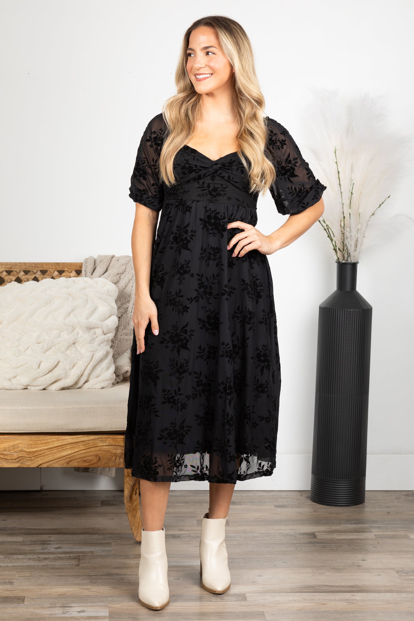 Black Floral Velvet Twist Front Midi Dress