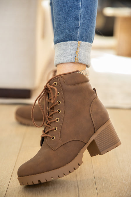 Light Brown Lace Up Lug Sole Knit Trim Boots