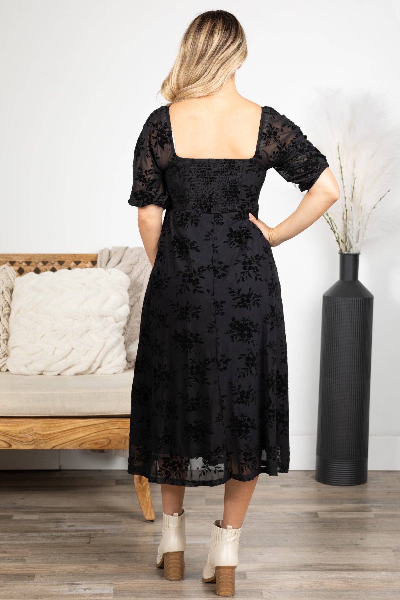 Black Floral Velvet Twist Front Midi Dress