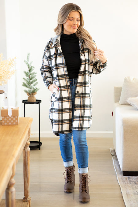 White and Tan Plaid Shacket With Hood