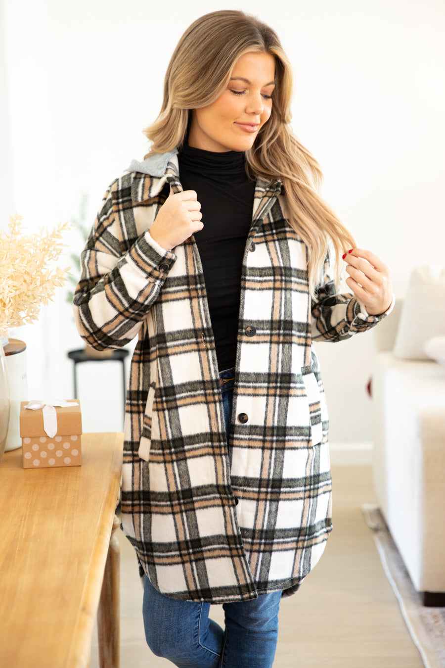 White and Tan Plaid Shacket With Hood