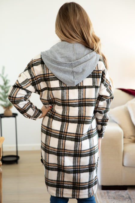 White and Tan Plaid Shacket With Hood