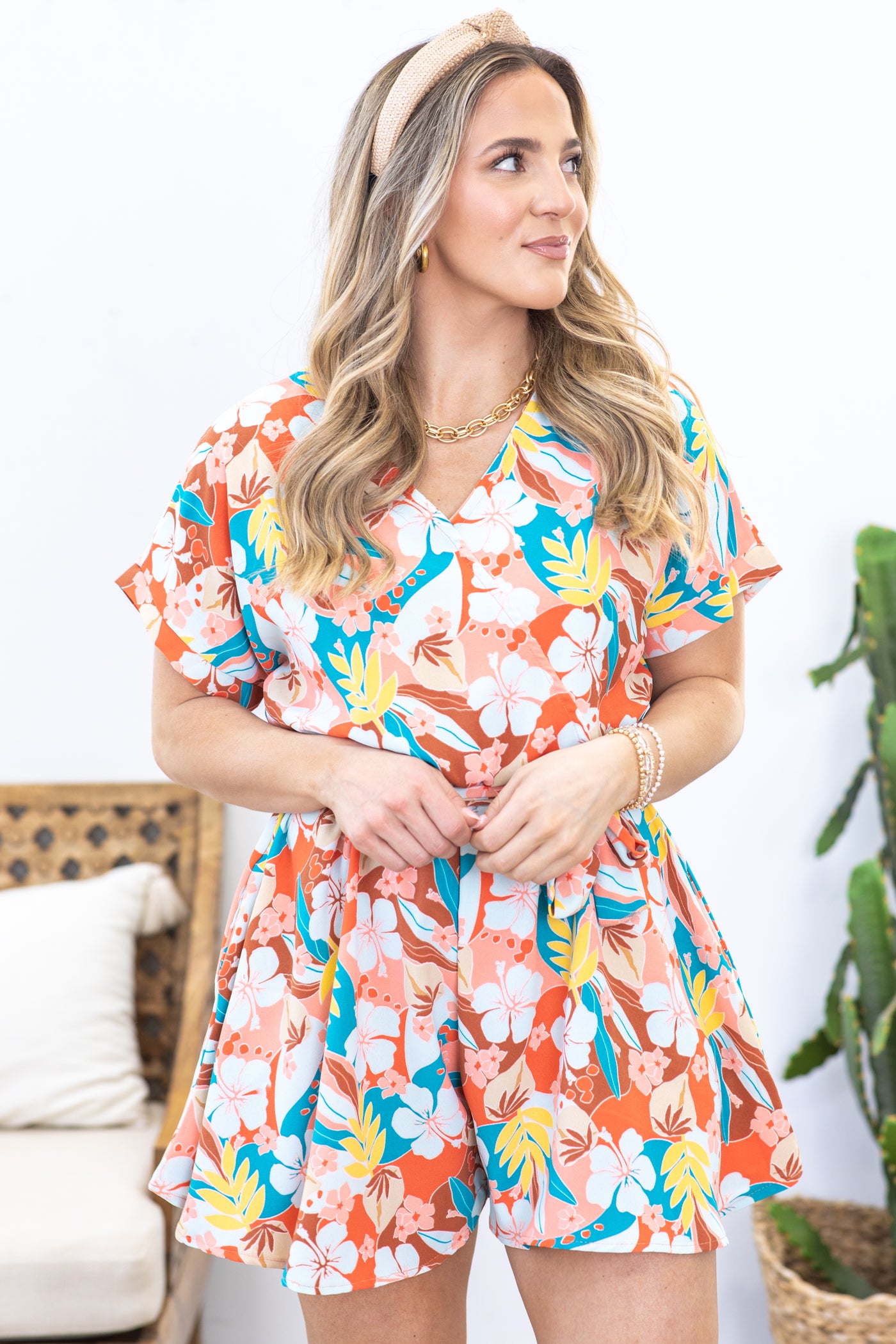 Coral Tropical Floral Print Romper