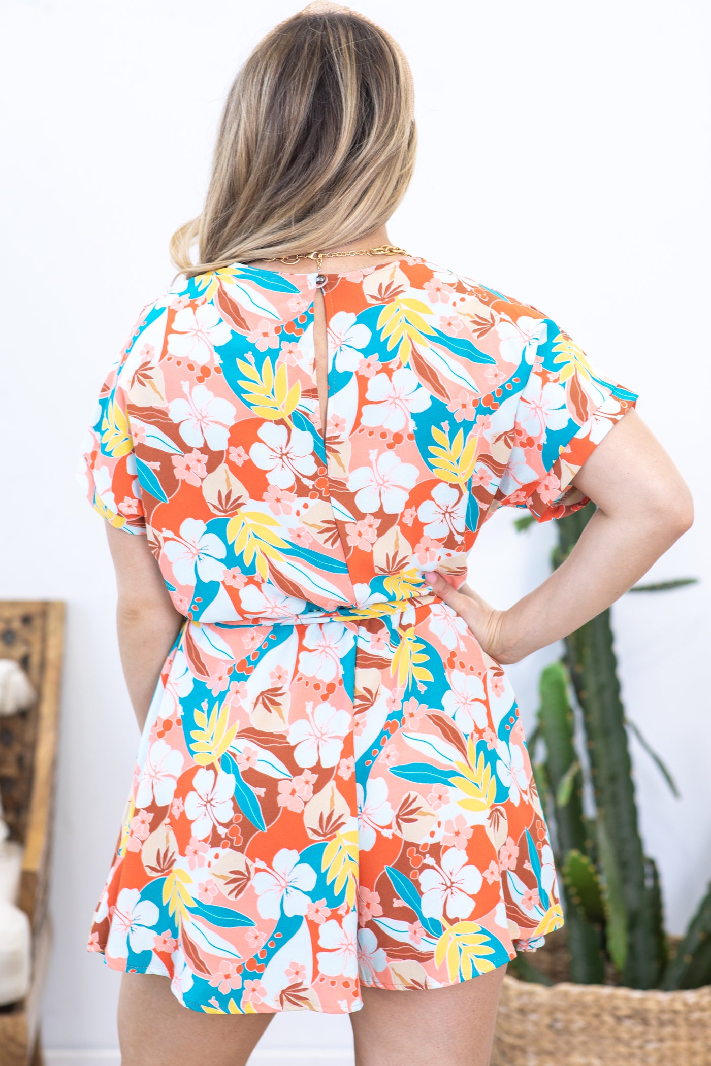 Coral Tropical Floral Print Romper