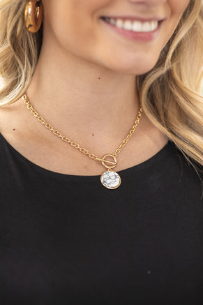 Gold Toggle Necklace With White Pendant