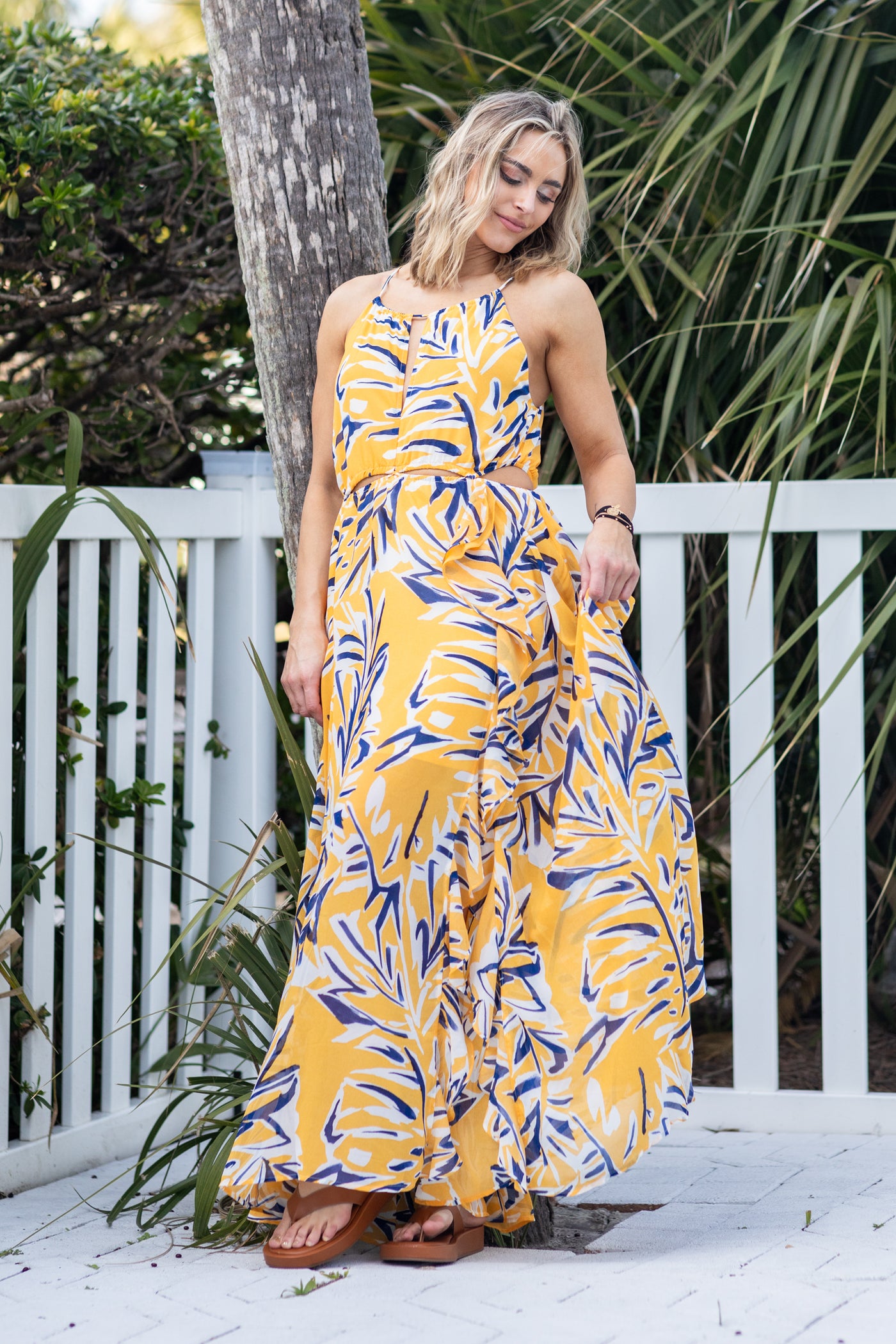 Yellow Printed Maxi Halter Dress With Slit