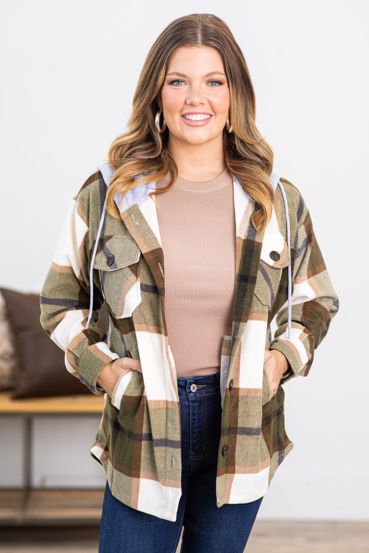 Olive Plaid Fleece Shacket With Hood