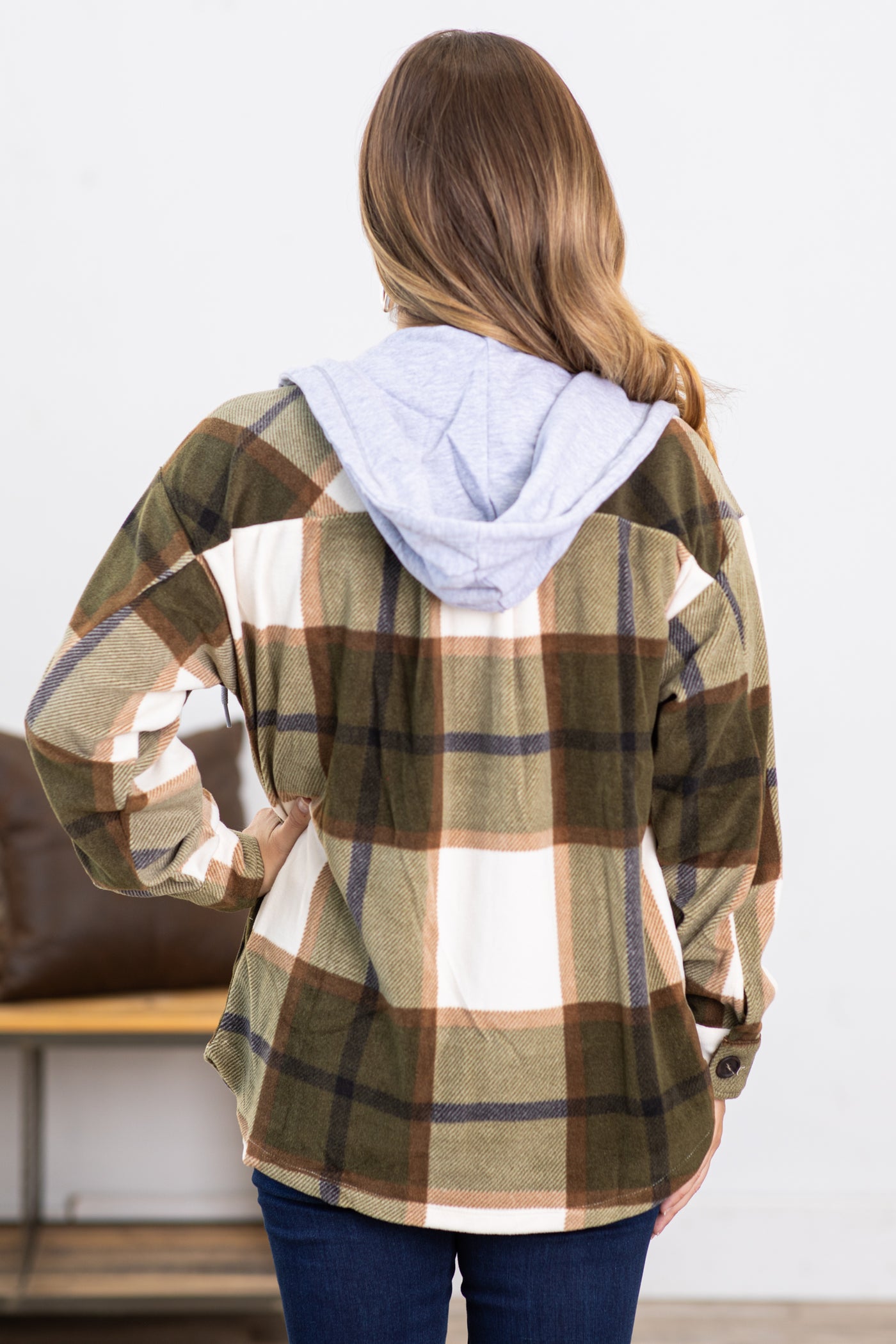 Olive Plaid Fleece Shacket With Hood