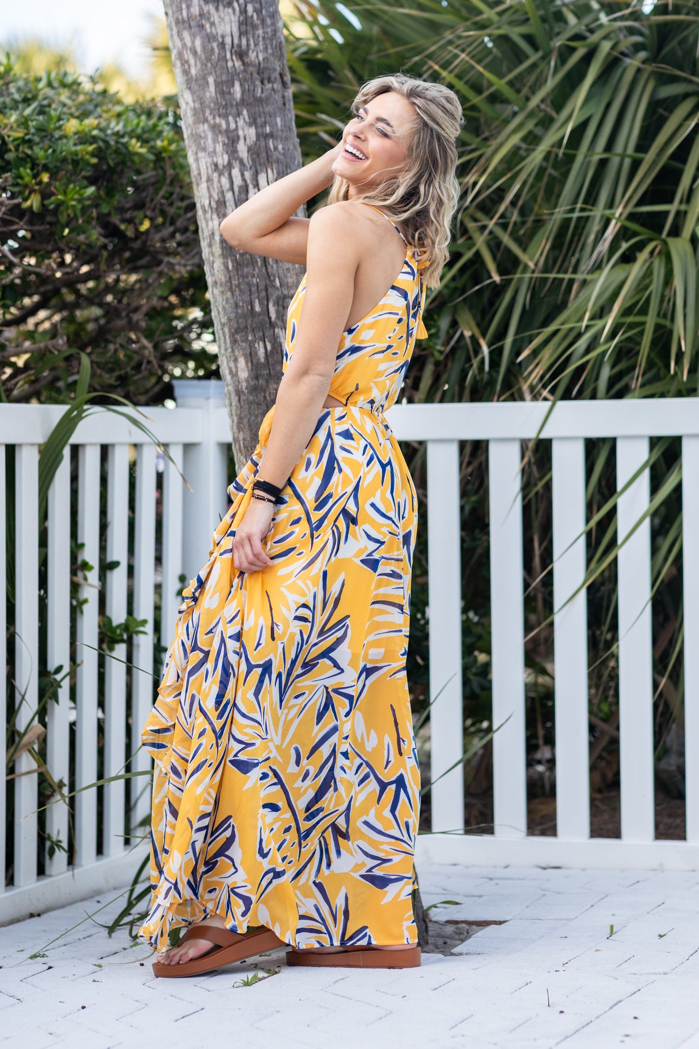 Yellow Printed Maxi Halter Dress With Slit