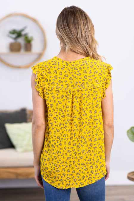 Mustard and Mocha Ditsy Floral Notch Neck Top - Filly Flair