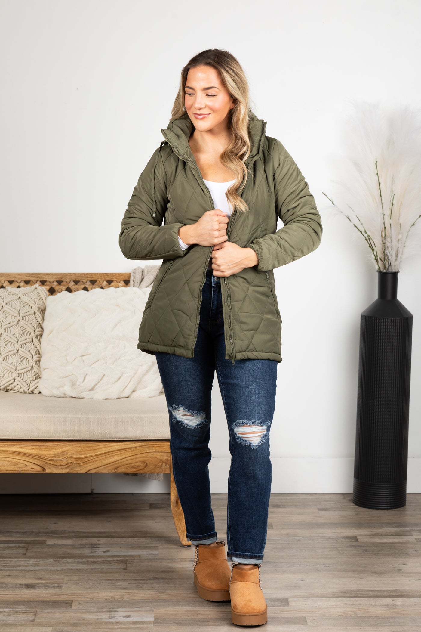 Quilted Puffer Jacket With Cinched Waist