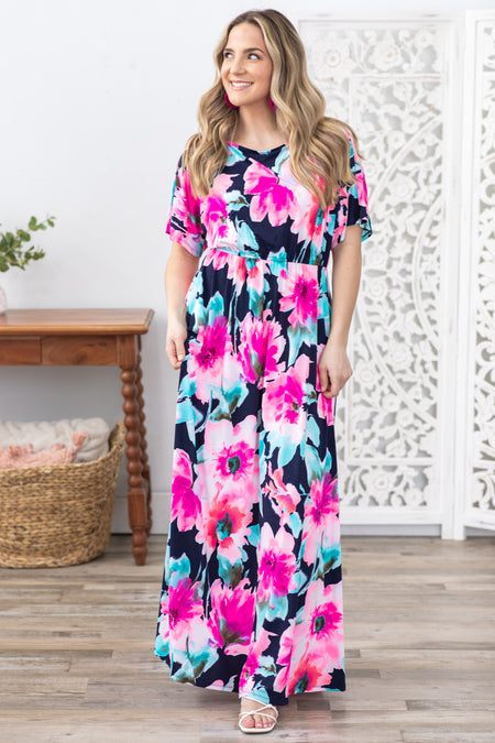 Navy Flower Print Boat Neck Maxi Dress