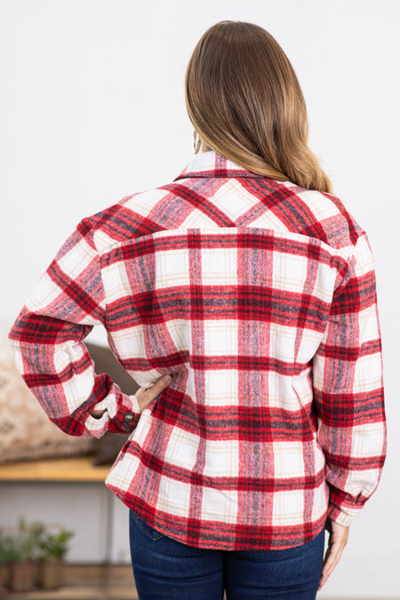 Red and Off White Plaid Round Hem Shacket