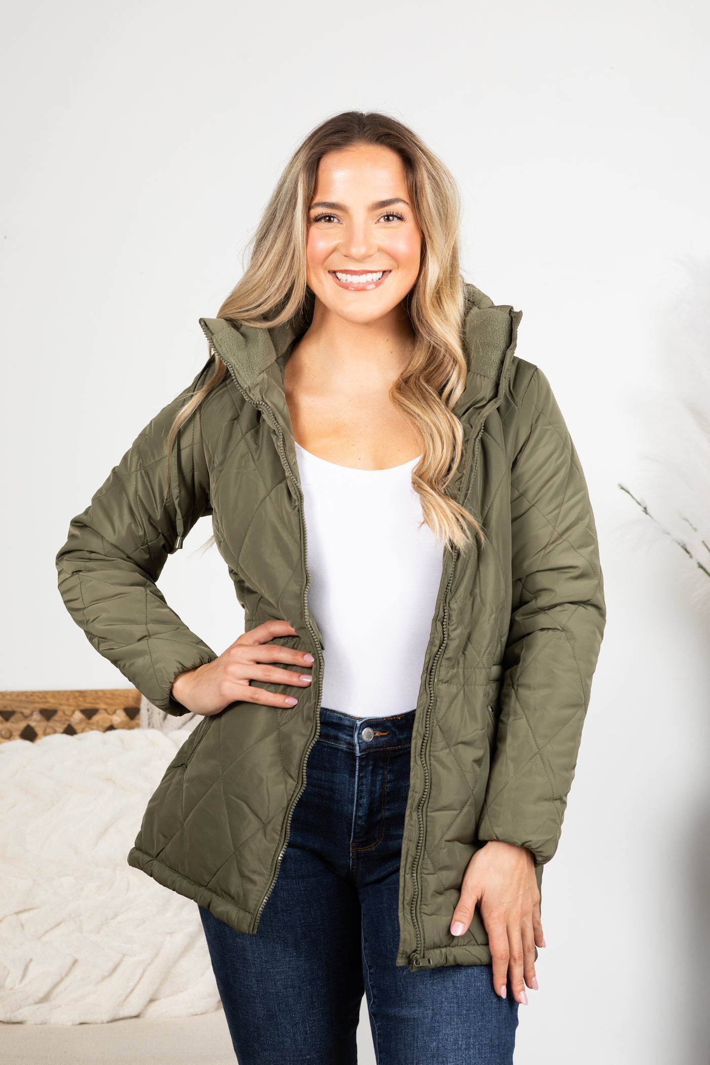 Quilted Puffer Jacket With Cinched Waist