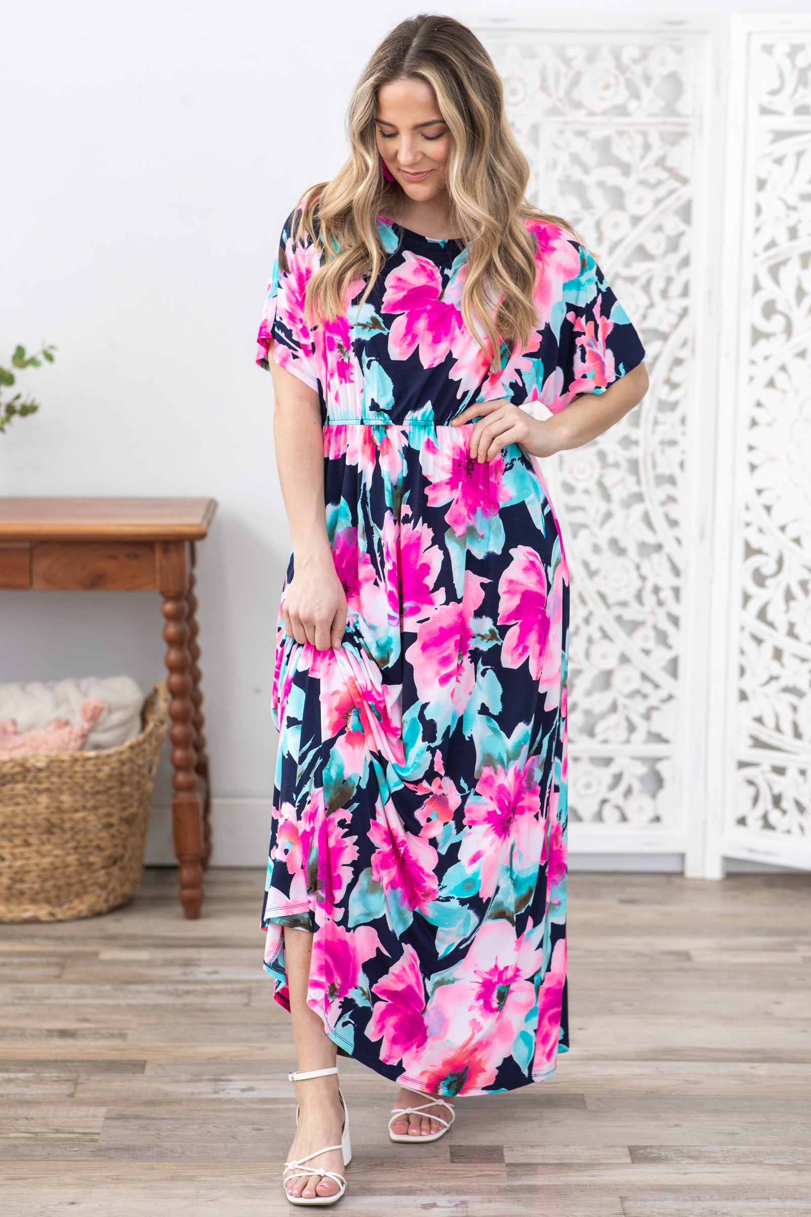 Hyfve Women s Navy Flower Print Boat Neck Maxi Dress Size S