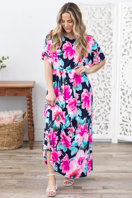 Navy Flower Print Boat Neck Maxi Dress