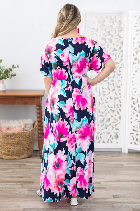 Navy Flower Print Boat Neck Maxi Dress