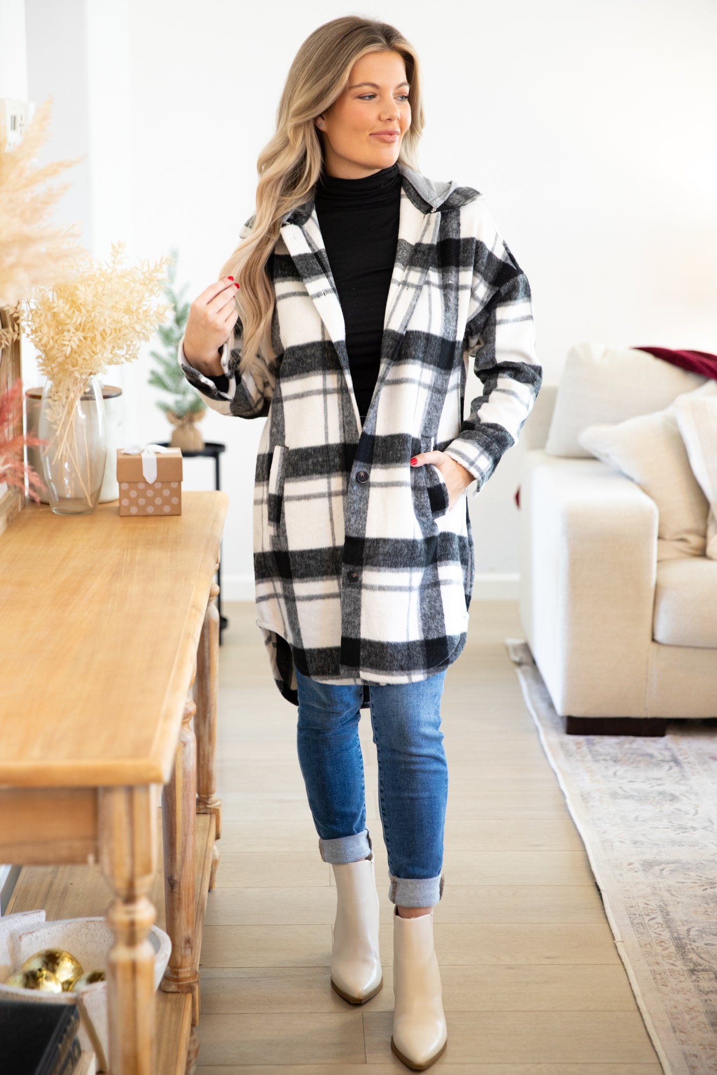 White and Black Plaid Shacket With Hood