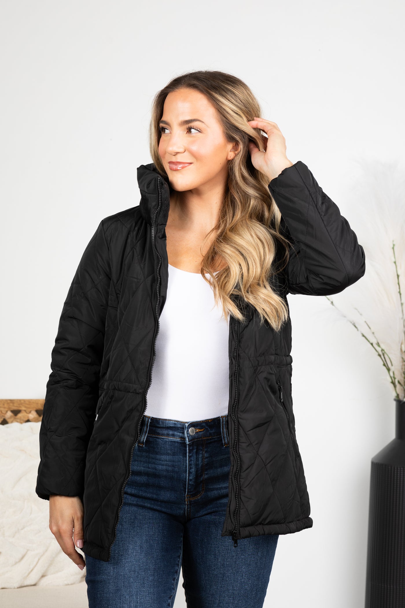 Quilted Puffer Jacket With Cinched Waist