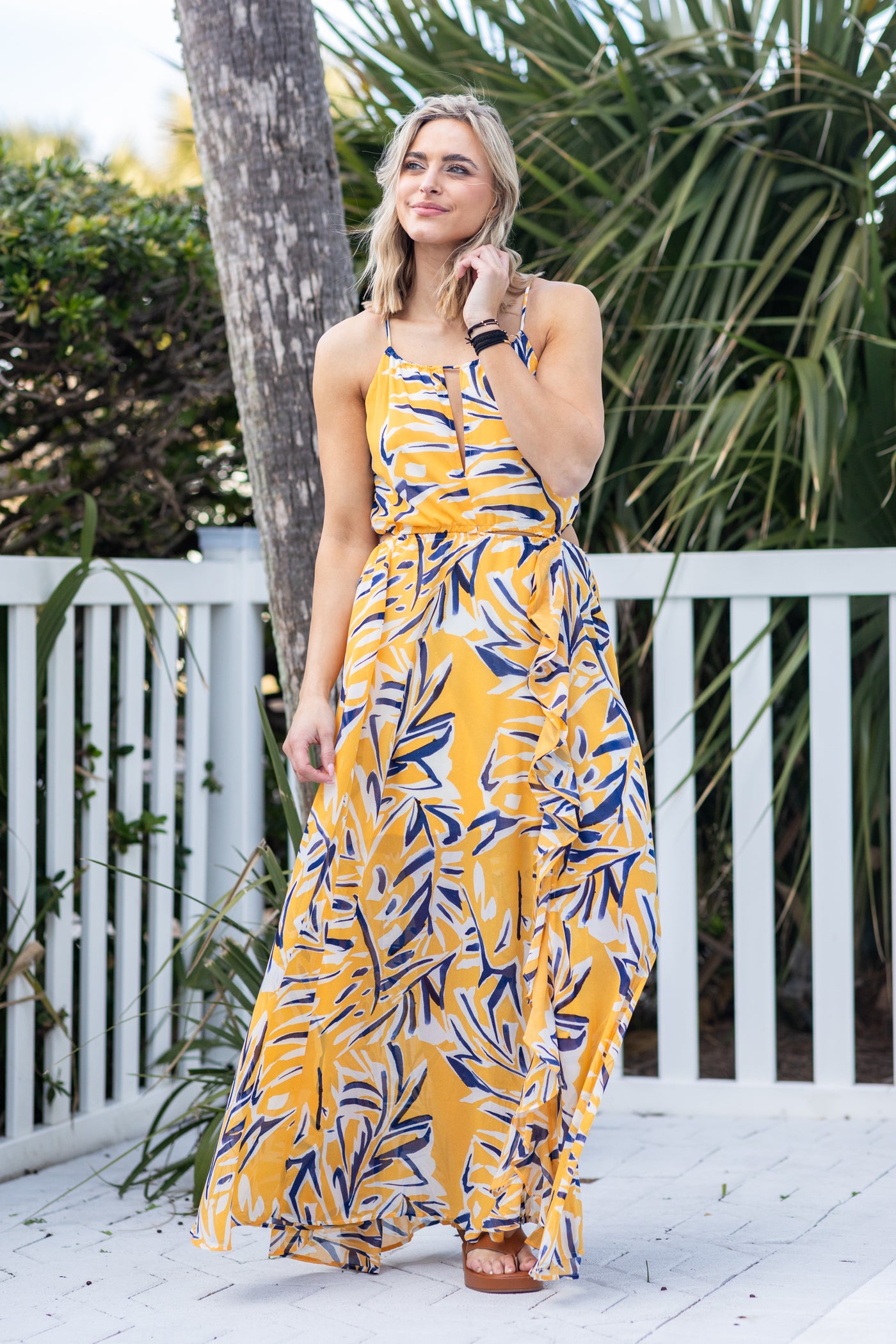 Yellow Printed Maxi Halter Dress With Slit