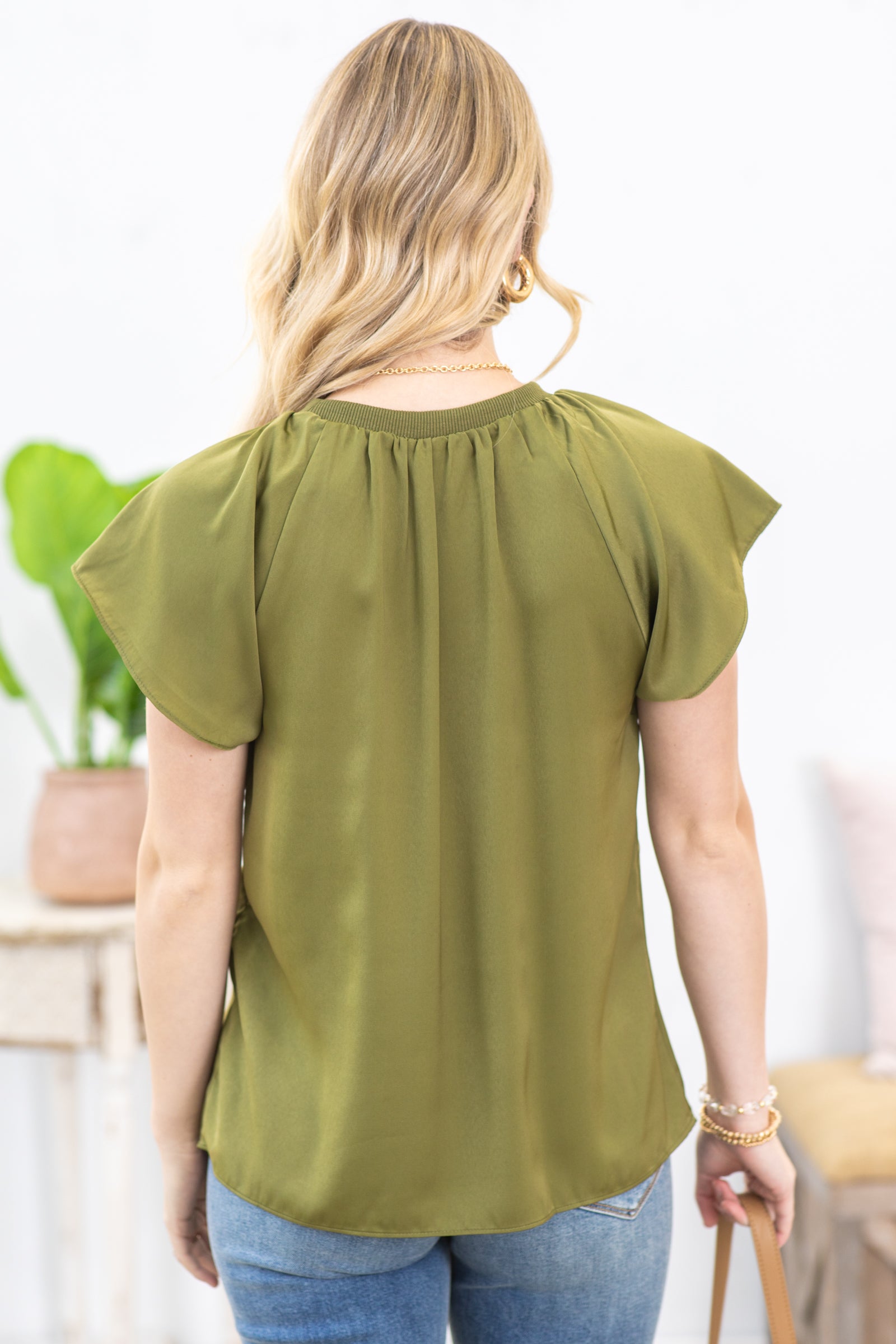 Olive Pleated Flutter Sleeve Satin Woven Top