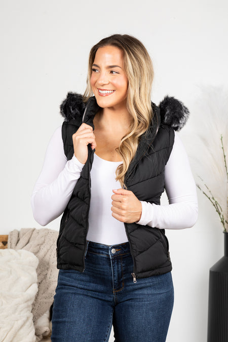 Faux Fur Puffer Vest With Hood