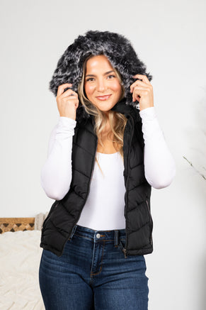 Faux Fur Puffer Vest With Hood