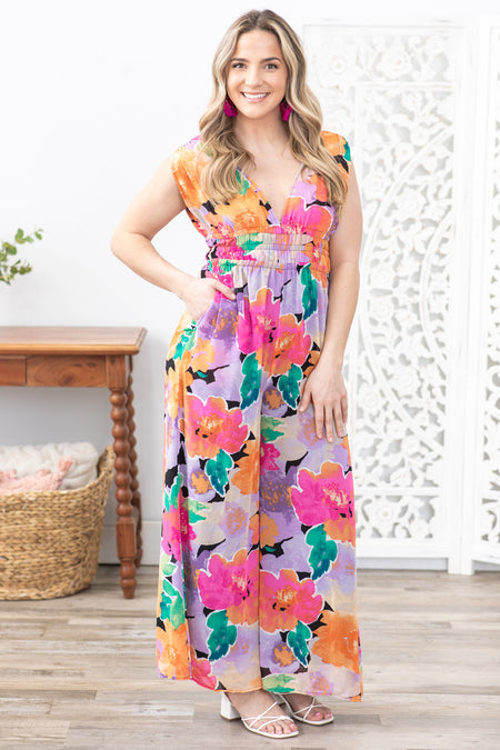 Pink Multi Floral Print Chiffon Jumpsuit