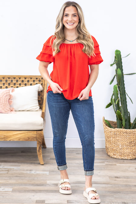 Red Tiered Puff Sleeve Woven Top