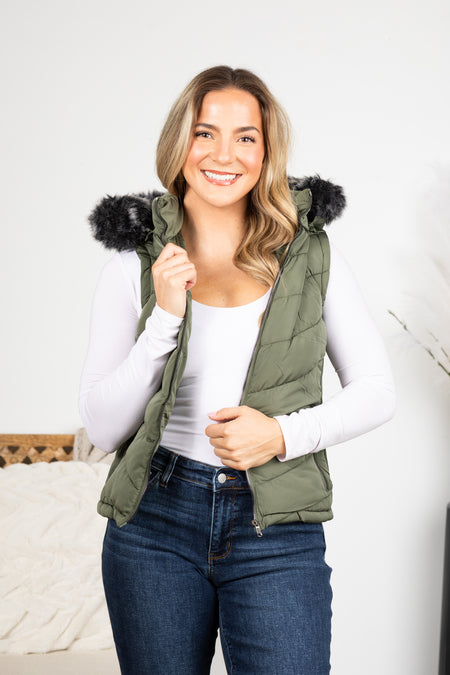 Faux Fur Puffer Vest With Hood