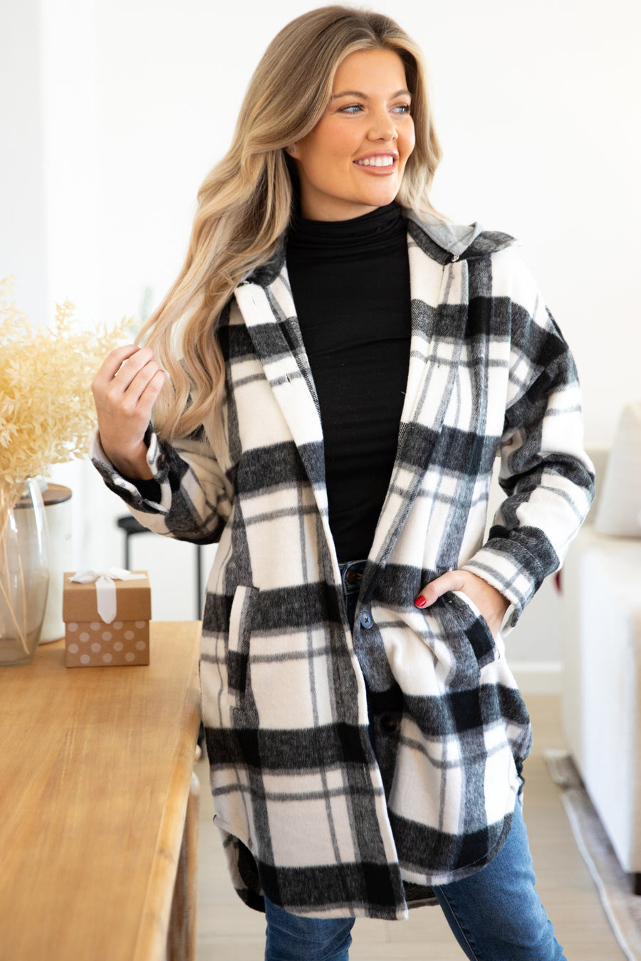 White and Black Plaid Shacket With Hood