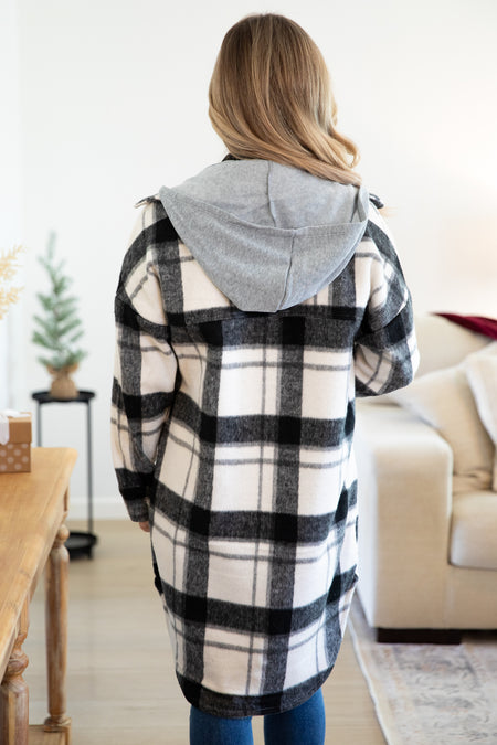 White and Black Plaid Shacket With Hood