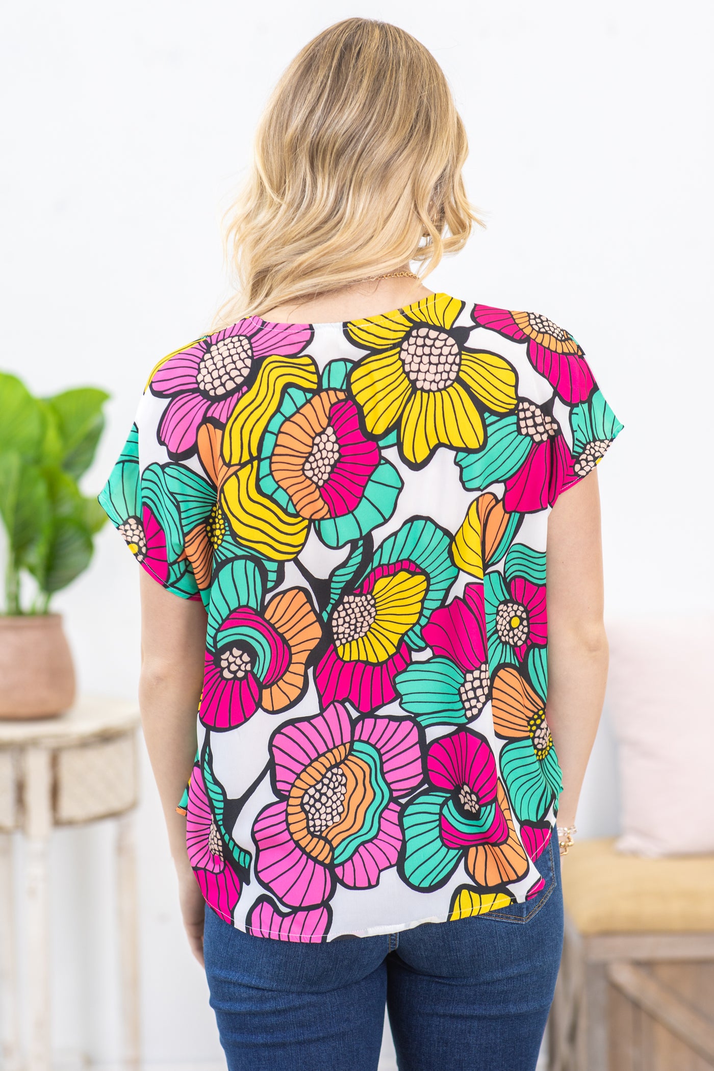 White Multicolor Flower Print Woven Top