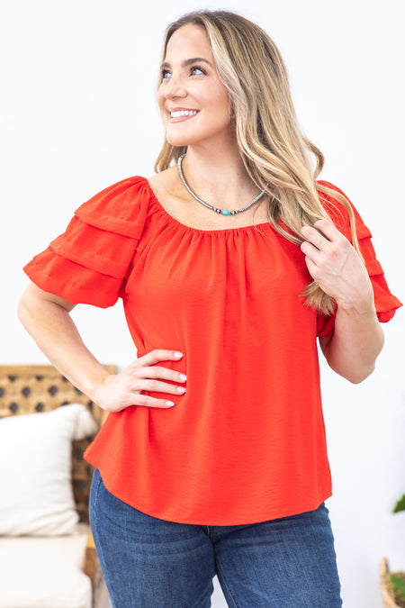 Red Tiered Puff Sleeve Woven Top